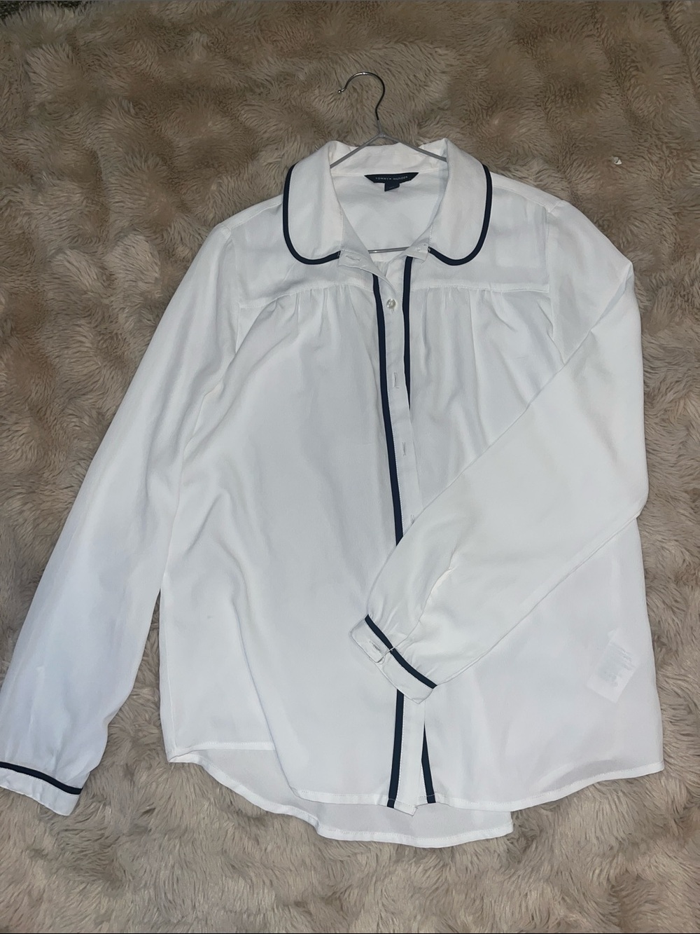 Tommy Hilfiger White Button-Up Shirt Jacket with Navy Piping